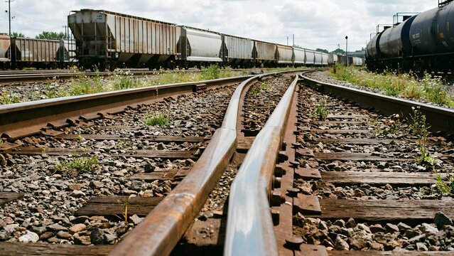 Railway tracks merging with freight trains in the background