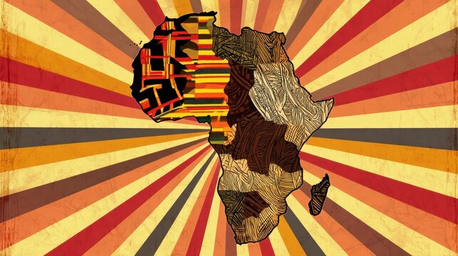 Artistic map of Africa continent with vintage retro sunburst background design