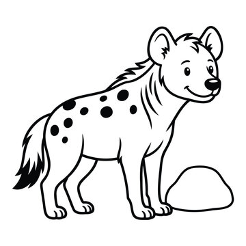 Cute cartoon hyena standing next to a rock simple line art drawing for coloring