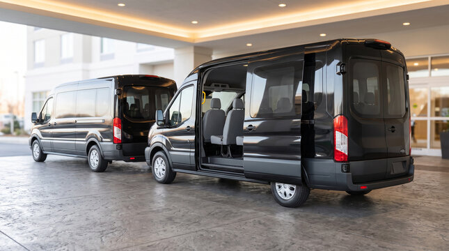 Two passenger shuttle vans parked at hotel entrance with open sliding door showing clean empty cabin