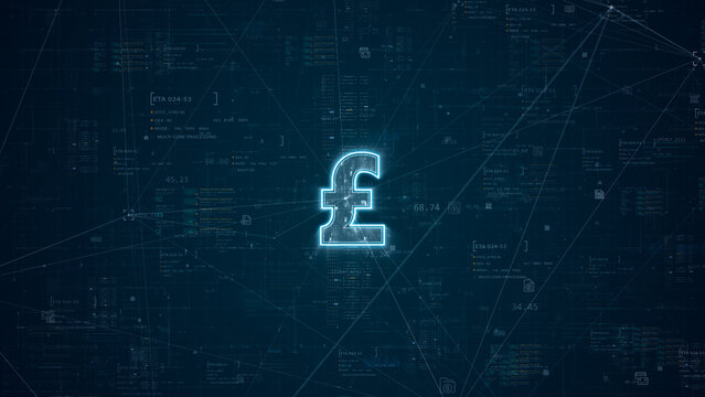 Glowing digital pound sign highlighting British currency in a futuristic finance setting, showcasing financial technology advancements and the modern digital economy.