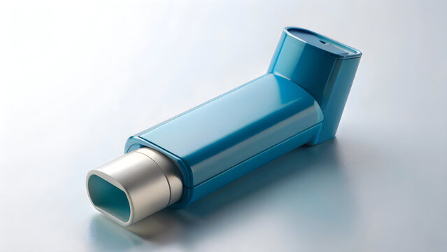 Close up of a blue asthma inhaler on a reflective white surface for medical use