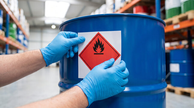 Worker press hazard flame label onto blue chemical drum in clean warehouse aisle