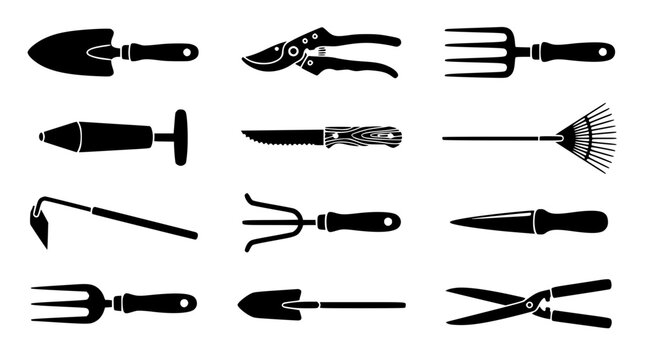 Gardening Hand Tools and Planting Equipment Black Silhouette Collection