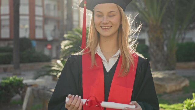 Woman graduate in cap and gown holding diploma and smiling in front of building; pride success celebration.