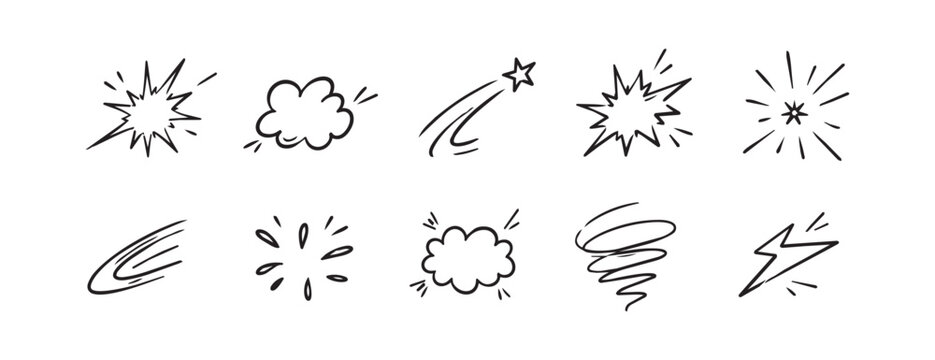 Hand drawn doodle outline set of comic bursts, motion trails, spark shapes, splash marks, cloud puffs, spiral swirls, lightning flashes, and impact accents in clean black line style