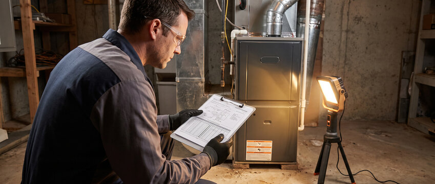 Professional HVAC technician inspecting residential furnace system in basement while taking notes, showcasing maintenance, repair service, heating system check, safety inspection, home service