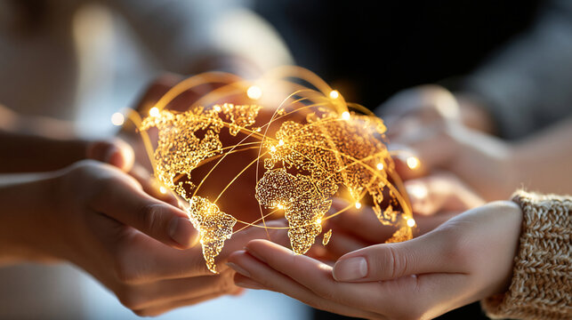 Glowing world map with interconnected hands forming a circle, global citizenship, human rights, social justice, international cooperation, equality, diversity, unity, with copy