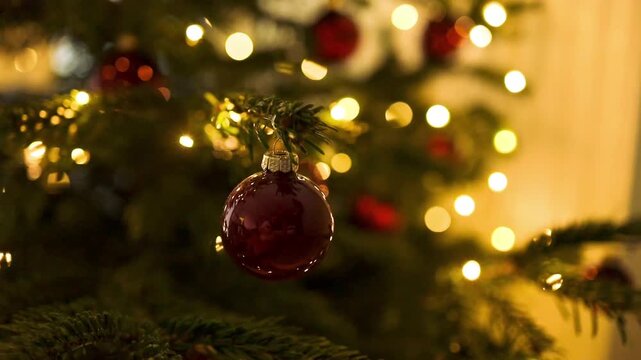 Festive video of a shiny red bauble decorating a green Christmas tree branch with warm shimmering fairy lights and beautiful soft bokeh background.