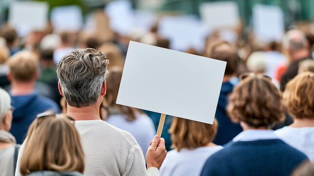 Peaceful demonstration seen from behind with diverse faceless participants holding blank signs, human rights, equality, democracy, activism, civil liberties, social change, with