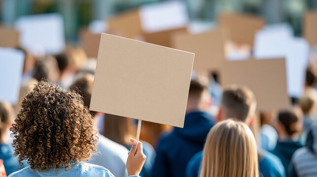Peaceful demonstration seen from behind with diverse faceless participants holding blank signs, human rights, equality, democracy, activism, civil liberties, social change, with