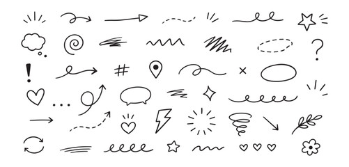 Naklejka premium Hand drawn doodle outline icon set with arrows, stars, hearts, speech bubbles, swirls and decorative marks for casual design on white background, with doodle, outline, icon, arrow detail