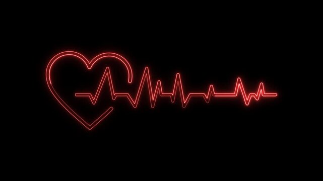 Glowing Red Neon Heart and Heartbeat Line Animation on Dark Background