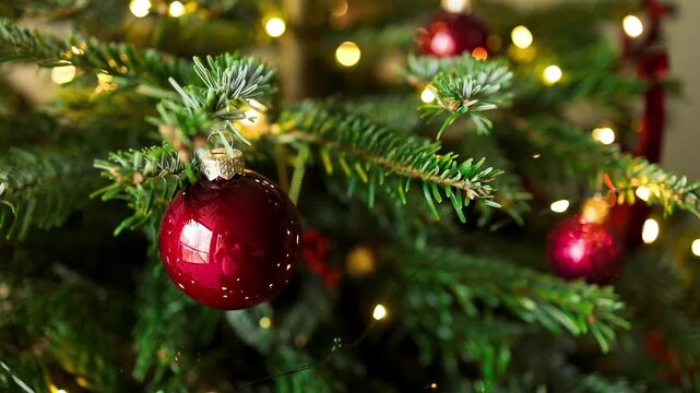 Festive video of a shiny red bauble decorating a green Christmas tree branch with warm shimmering fairy lights and beautiful soft bokeh background.