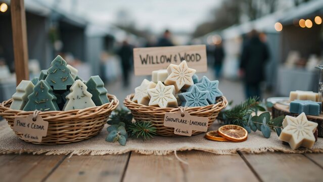 Artisan Soaps in Baskets at Outdoor Market with Holiday Theme