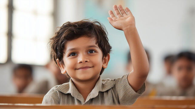 Young schoolboy raising his hand during a classroom lesson, representing student participation, education, learning, curiosity, communication and active engagement in school.