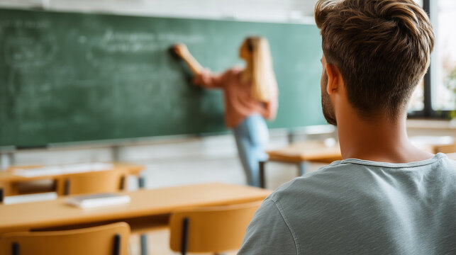 Elementary school classroom with a student watching a teacher write on a chalkboard, representing education, teaching, classroom learning, knowledge and academic development.