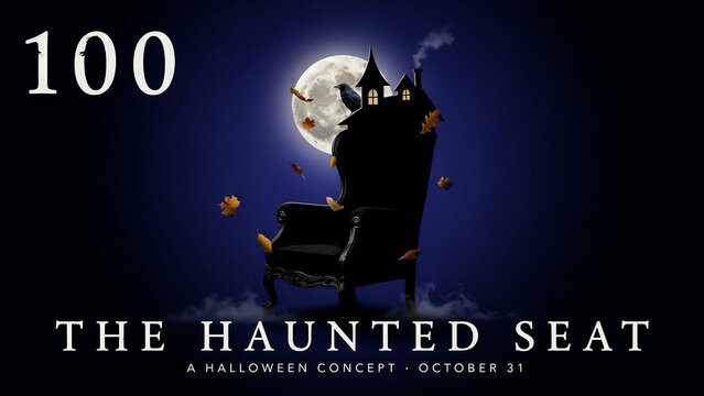 A conceptual halloween featuring a dark vintage armchair shaped like a haunted house with a full moon, flying leaves, and a raven on