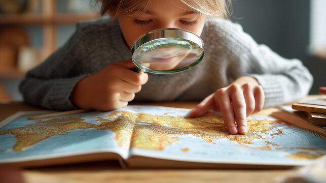 Child examining a world map with a magnifying glass, representing geography, research, education, curiosity, exploration and hands-on learning at home.
