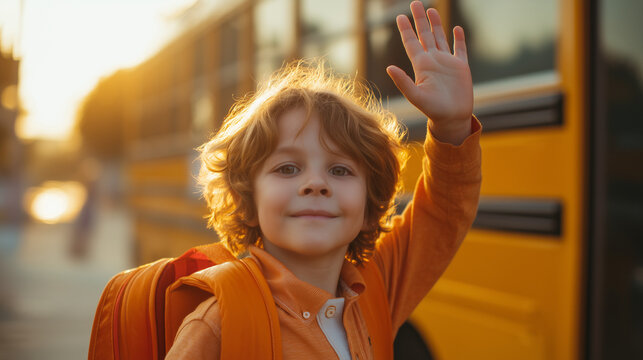 Young schoolboy raising his hand while sitting on a school bus, representing childhood, student transportation, back to school, school routine and education.