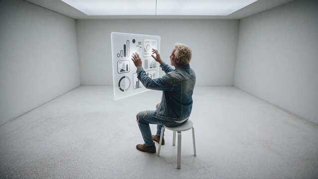 Man interacts with translucent digital data dashboard while sitting on a white stool in an empty studio. Glowing bar charts and circular graphics float before him under soft overhead panel light.