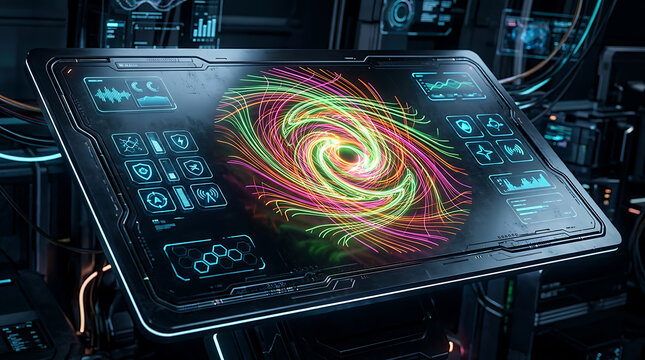Futuristic interface panel displaying colorful swirling lines and icon based controls display screen