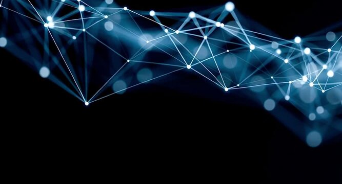 Human hand interacting with a glowing blue plexus structure representing futuristic global network connections, digital innovation, communication, and the metaverse on a dark background