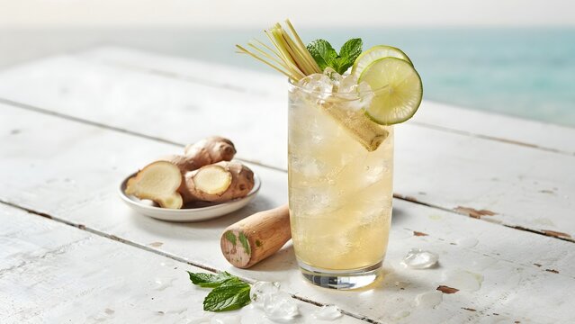 Refreshing Ginger Drink with Mint and Lime by the Shoreline