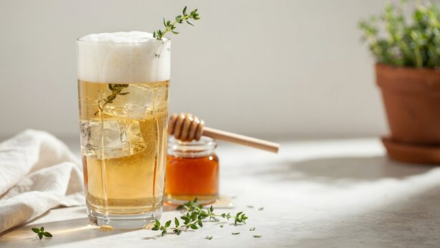 Refreshing craft beer with herbs and honey on a light background