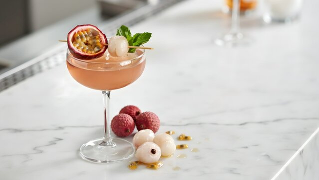 Refreshing Lychee Cocktail with Passionfruit Garnish and Mint