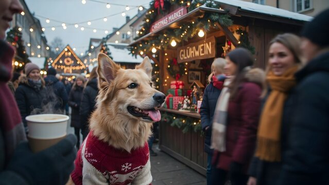 Cheerful Dog in Sweater at Festive Christmas Market Scene