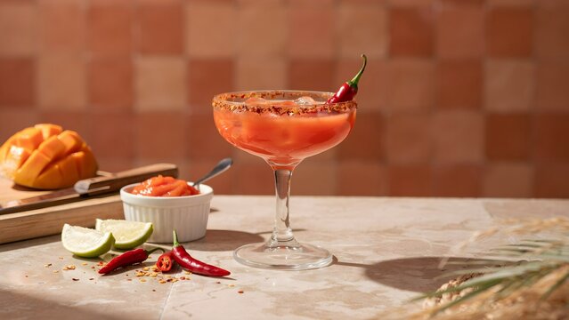 Spicy Mango Cocktail with Chili Pepper and Fresh Ingredients