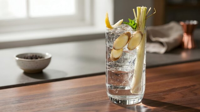 Refreshing Herbal Cocktail with Ginger and Lemongrass Garnish