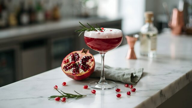 Refreshing Pomegranate Cocktail with Garnish on Elegant Bar Counter