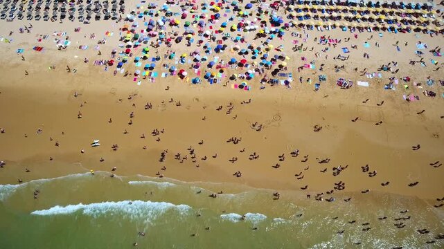 Aerial top down view of a crowded sandy beach with colorful umbrellas and tourists swimming in the ocean, a popular destination for summer vacation and travel on a sunny day