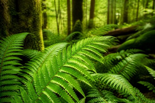 Lush ferns glow under dappled forest light. Mossy trunks rise behind a vibrant, verdant leafy canopy. Deep green shadows blend with sunlit fronds in rich, natural tones