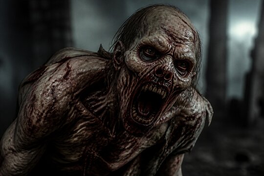 Grimy zombie lunges forward with twisted rage. Mouth wide, teeth bared in primal fury. Dark, ruined buildings loom behind the horror. Texture of decay and sweat clings to its flesh