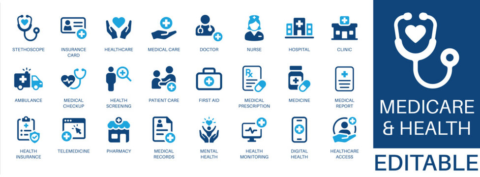 Healthcare and medical solid icon set. Featuring hospital, clinic, health insurance, mental health, and patient care. Editable vector glyphs for medical service and hospital administration