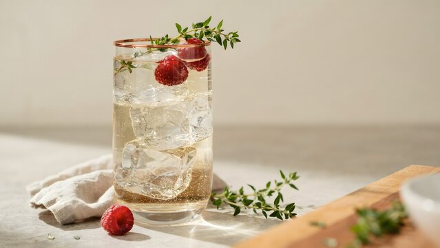Refreshing Beverage with Raspberries and Herbs in Bright Setting