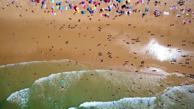 People swimming in the ocean and sunbathing under colorful umbrellas on a crowded sandy beach during a sunny summer day. Aerial top down view of the seashore with turquoise waves breaking
