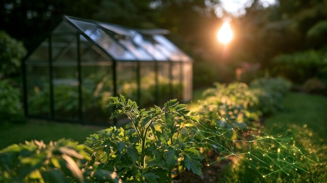 Illuminated greenhouse nurturing plants with glowing magical network in a lush forest