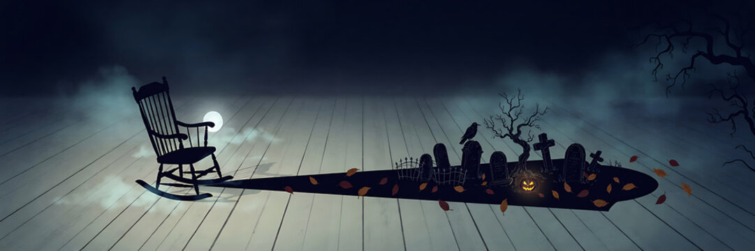 A black rocking chair on a white wooden floor casting a long shadow that forms a spooky graveyard with tombstones and a glowing jack o lantern