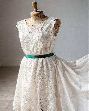 Vintage Ivory Lace Dress with Green Ribbon on Antique Mannequin