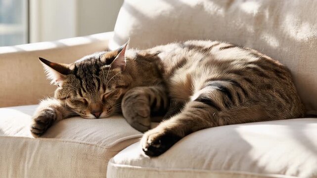Sleeping tabby cat relaxing on cozy beige sofa in warm natural sunlight at home