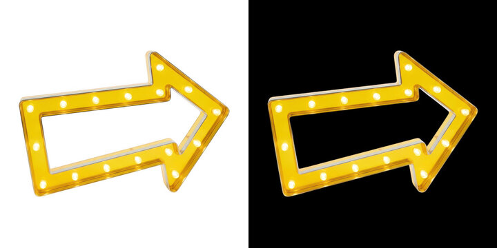 Glowing yellow arrow sign isolated on transparent background