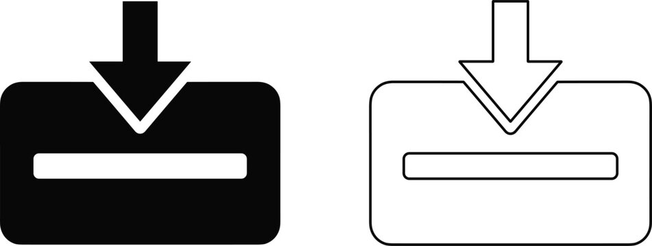Download slot symbol with arrow indicating entry in black and white download direction interface transfer slotting hardware terminal isolated