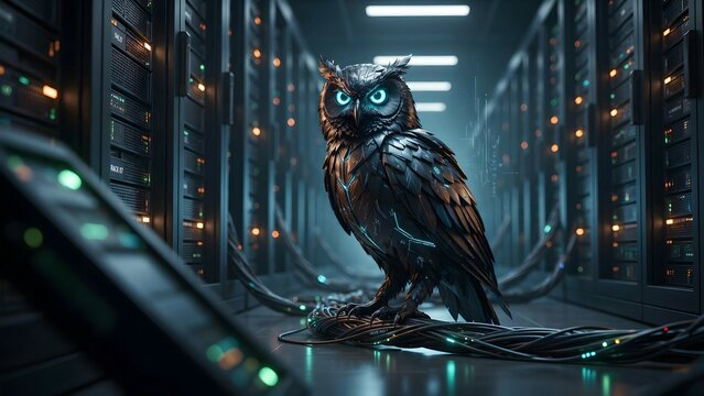 Futuristic robotic owl in a high-tech server room setting