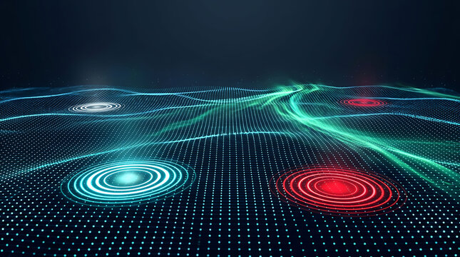 Abstract glowing wave pattern with circular disturbances on a dark blue surface disturbance
