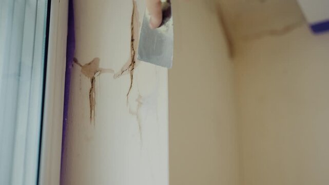 Repairing wall cracks in a room with smooth paste and a scraper tool