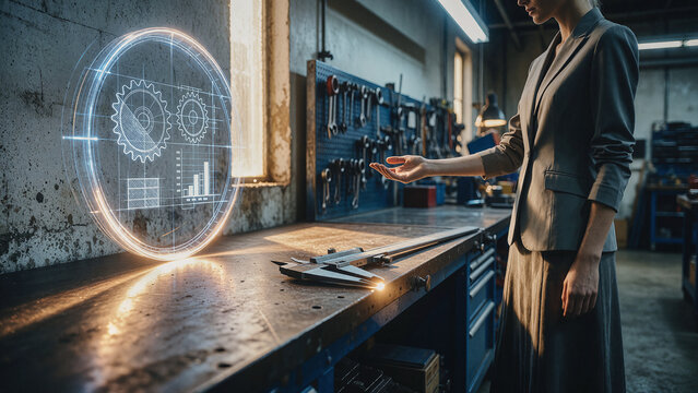 Woman in grey suit interacts with holographic circular interface displaying gear icons and bar charts above a metal workbench. Cool blue glow illuminates the workshop interior.